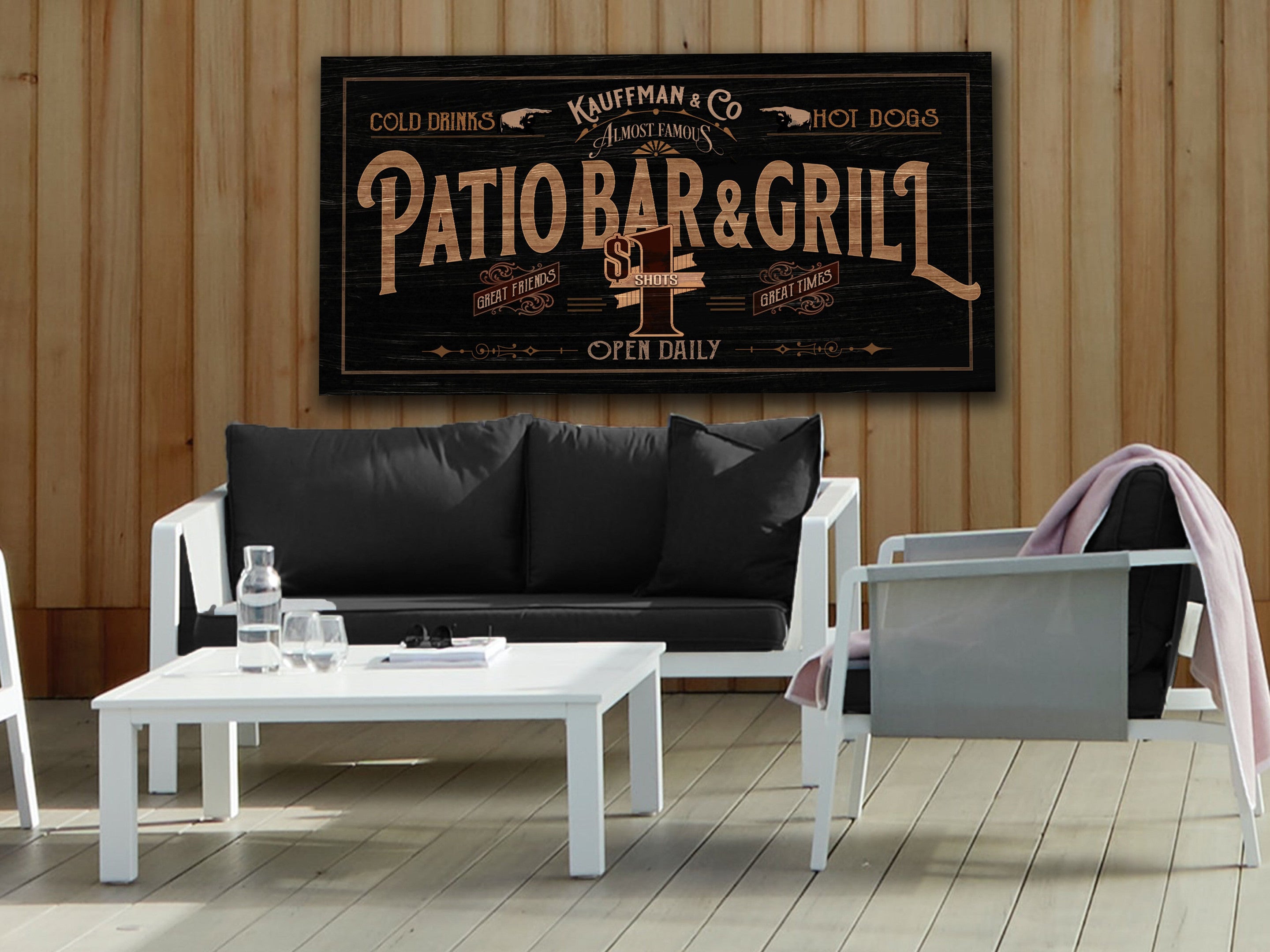 here Canvas Patio Bar & Grill Sign | Patio Sign | Distressed Wood Grain Patio Bar | Family Name Patio Bar Sign | Personalized Name Sign for the Patio