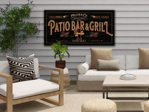 here Canvas Patio Bar & Grill Sign | Patio Sign | Distressed Wood Grain Patio Bar | Family Name Patio Bar Sign | Personalized Name Sign for the Patio