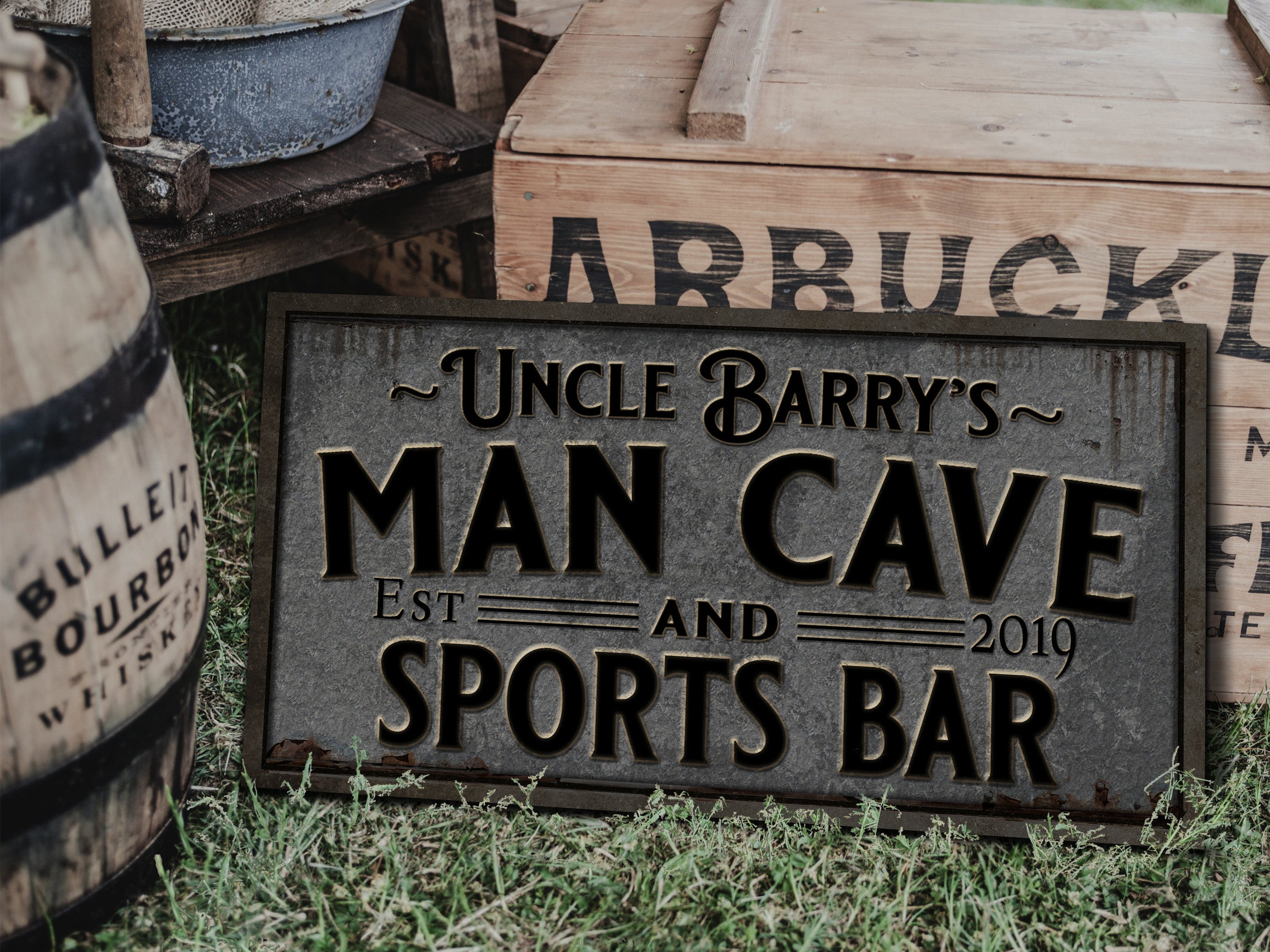 here Canvas Pewter Style Man Cave & Sports Bar Sign | Personalized Man Cave Sign | Family Sports Bar Sign | Family Name Sign | Home Bar Sign