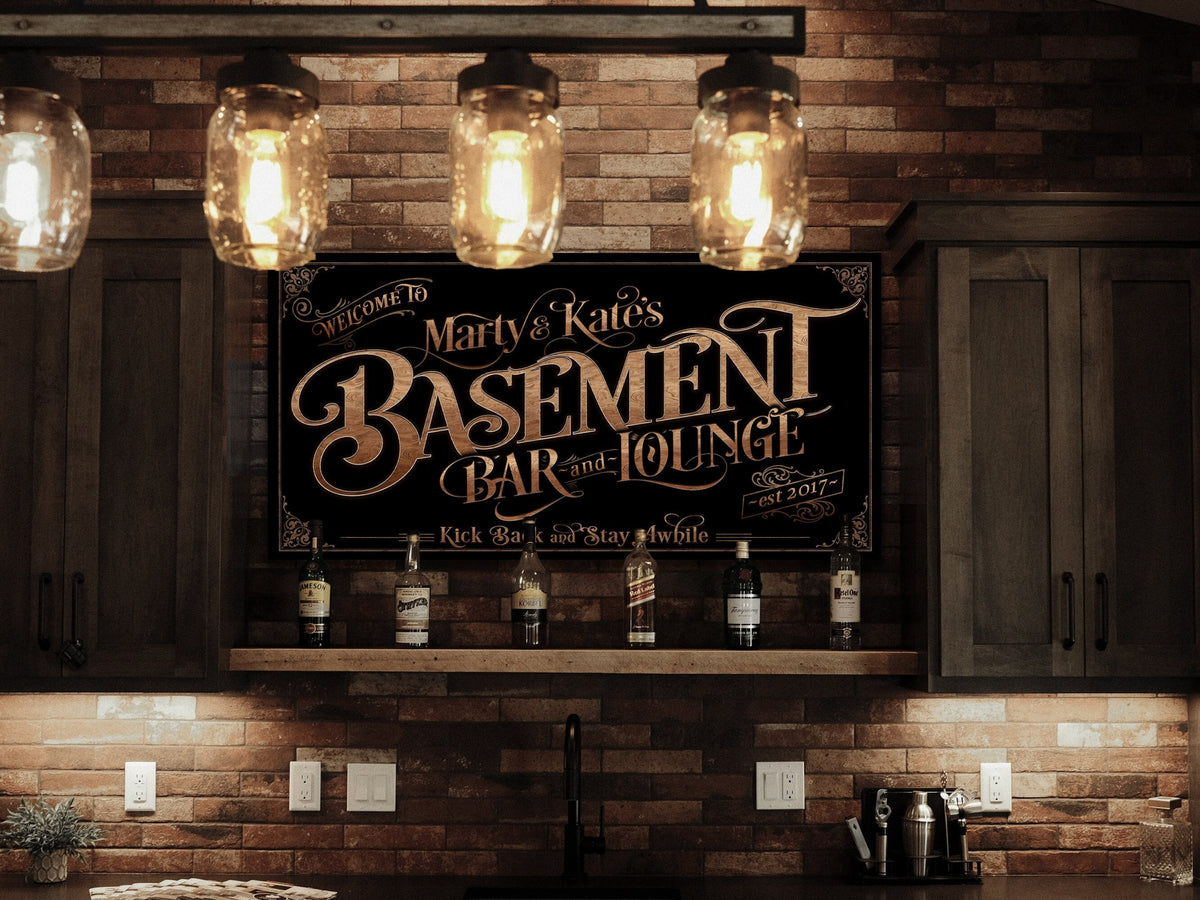 here Canvas Personalized Basement Bar Sign - Canvas! | Custom Bar Sign | Modern Farmhouse Sign | Basement Bar Decor | Custom Basement Sign