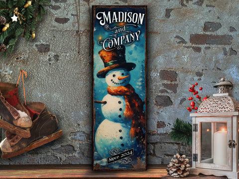 here Canvas Christmas Snowman Sign | Snowman Sign | Personalized Snowman Sign | Custom Name Sign | Custom Porch Sign | Vertical Farmhouse Sign