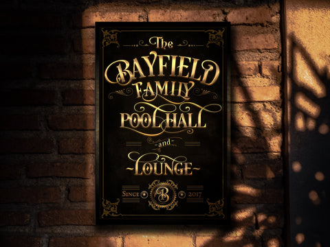 here Canvas Family Pool Hall Sign, Vertical Bar Wall Decor, Personalized Lounge Sign, Family Billiard Sign, Family Name Billiards, Large Canvas or Metal