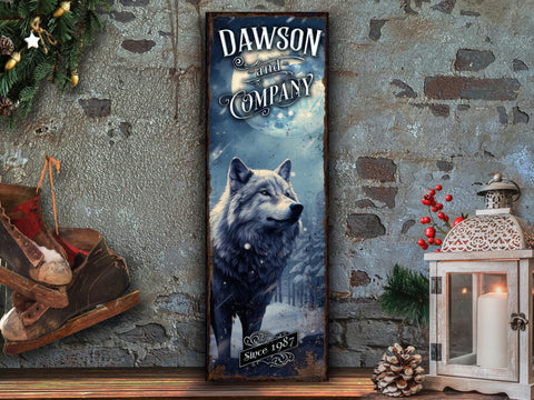 here Canvas Winter Wolf Sign | Snowy Mountain Wolf Sign | Personalized Winter Sign | Custom Name Sign | Custom Porch Sign | Vertical Farmhouse Sign