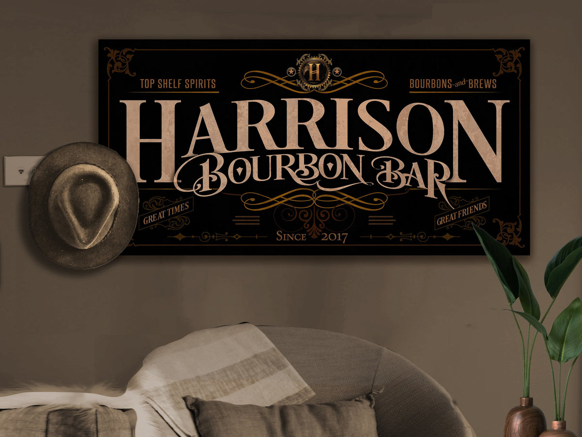 here Canvas Bourbon Bar Sign | Personalized Bourbon Bar Sign | Bourbon Sign | Family Name Sign | Family Bar Sign