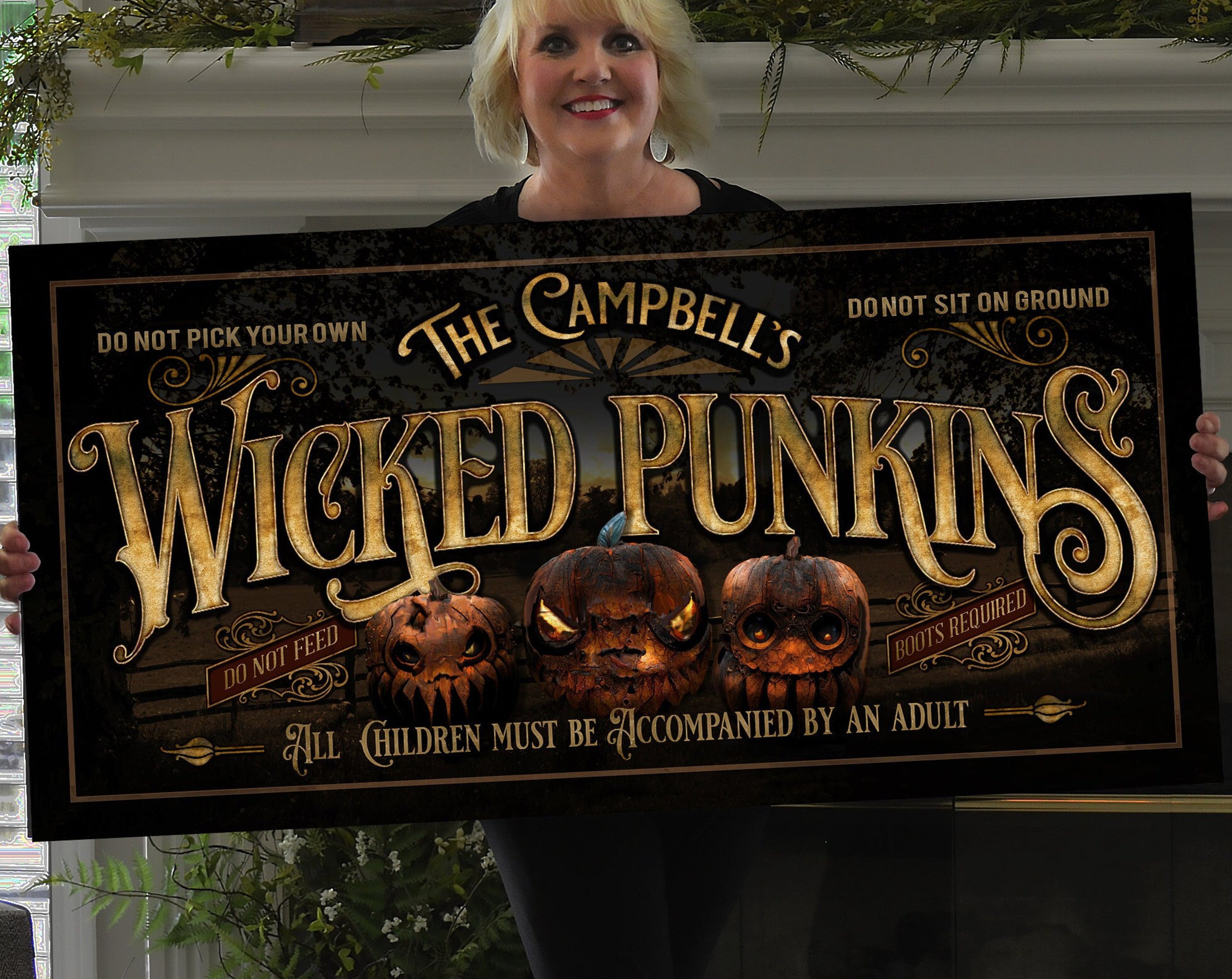 here Canvas Custom Wicked Pumpkins Sign | Halloween Pumpkin Sign | Scary Halloween Sign | Pumpkin Farm | Pumpkin Patch | Vintage Personalized Sign