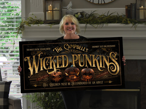 here Canvas Custom Wicked Pumpkins Sign | Halloween Pumpkin Sign | Scary Halloween Sign | Pumpkin Farm | Pumpkin Patch | Vintage Personalized Sign