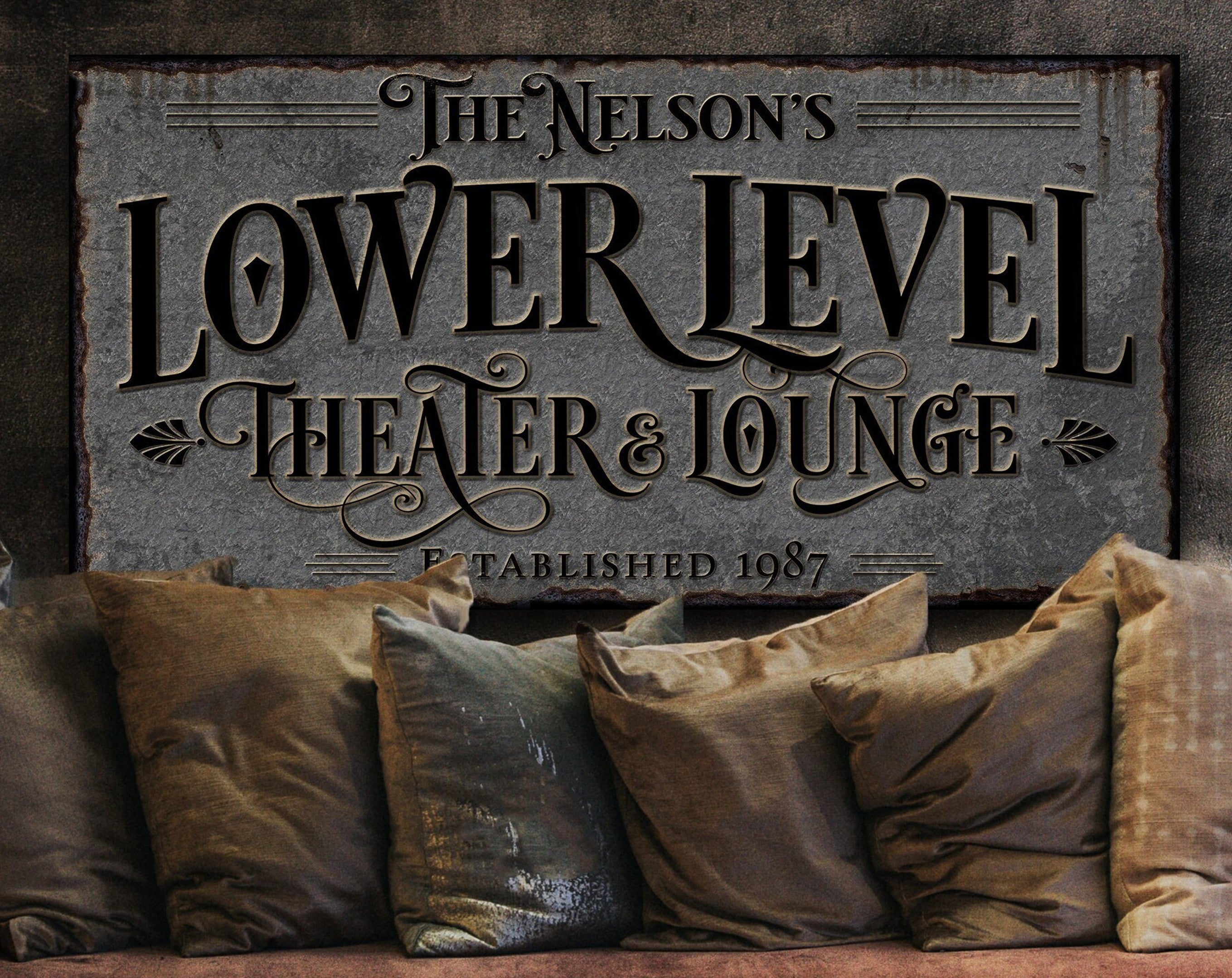 here Canvas Lower Level Theater & Lounge Sign | Personalized Bar Sign | Lower Level Sign | Customized Family Theater and Lounge for Basement