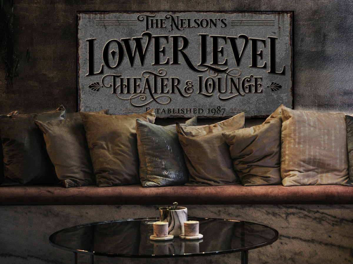 here Canvas Lower Level Theater & Lounge Sign | Personalized Bar Sign | Lower Level Sign | Customized Family Theater and Lounge for Basement