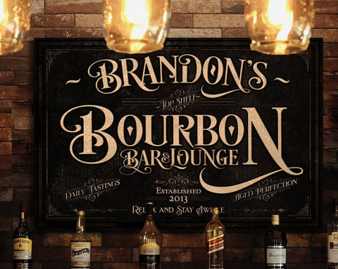 here Canvas Personalized Bourbon Bar Sign | Bourbon Bar Sign | Bourbon Lounge Sign | Rustic Bourbon Sign | Vintage Bourbon Bar Sign