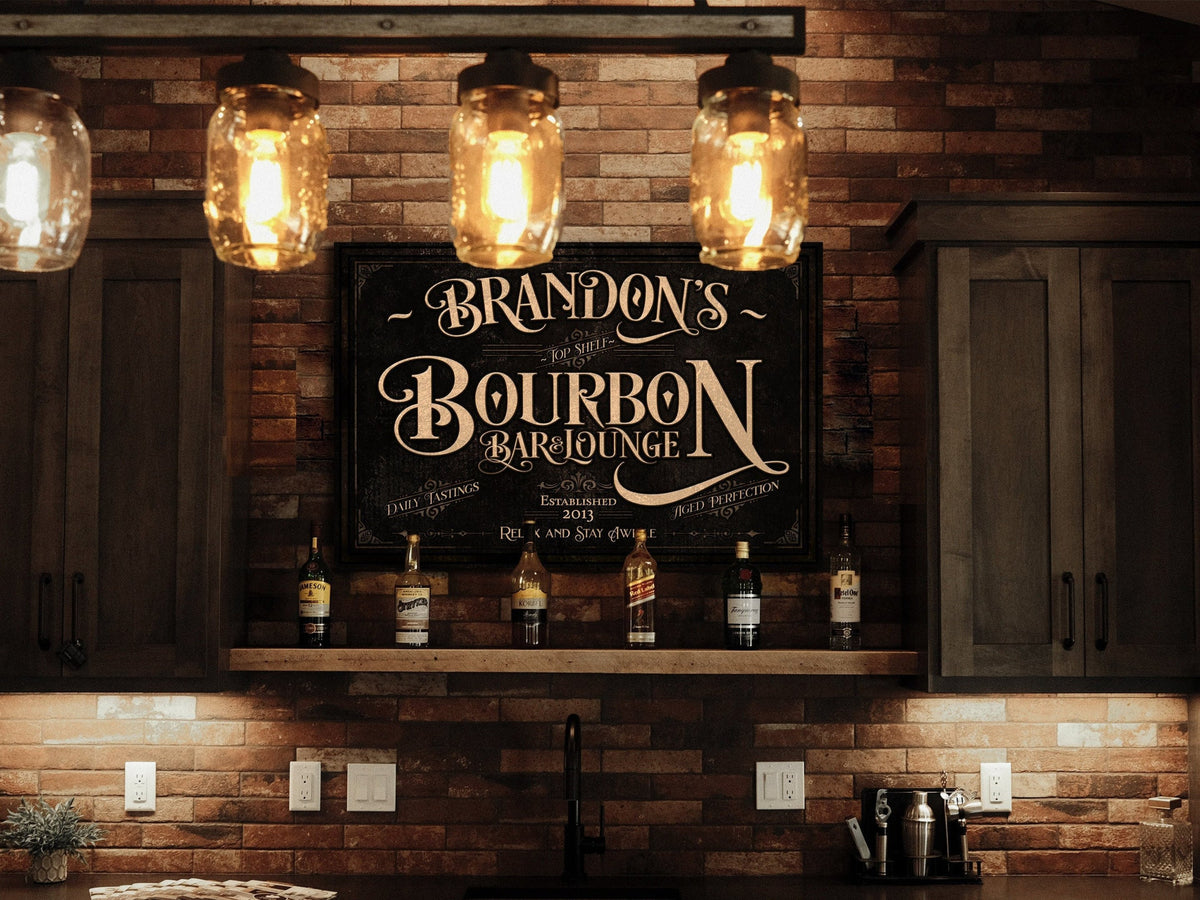 here Canvas Personalized Bourbon Bar Sign | Bourbon Bar Sign | Bourbon Lounge Sign | Rustic Bourbon Sign | Vintage Bourbon Bar Sign