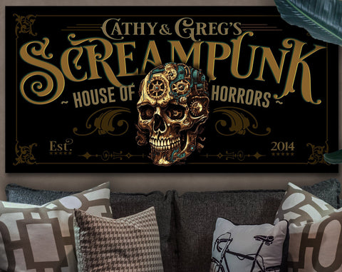 here Canvas Custom Steampunk Skull Halloween Sign | Halloween Steampunk Sign | Scary Halloween Sign | House of Horrors Sign | Personalized Skull Sign