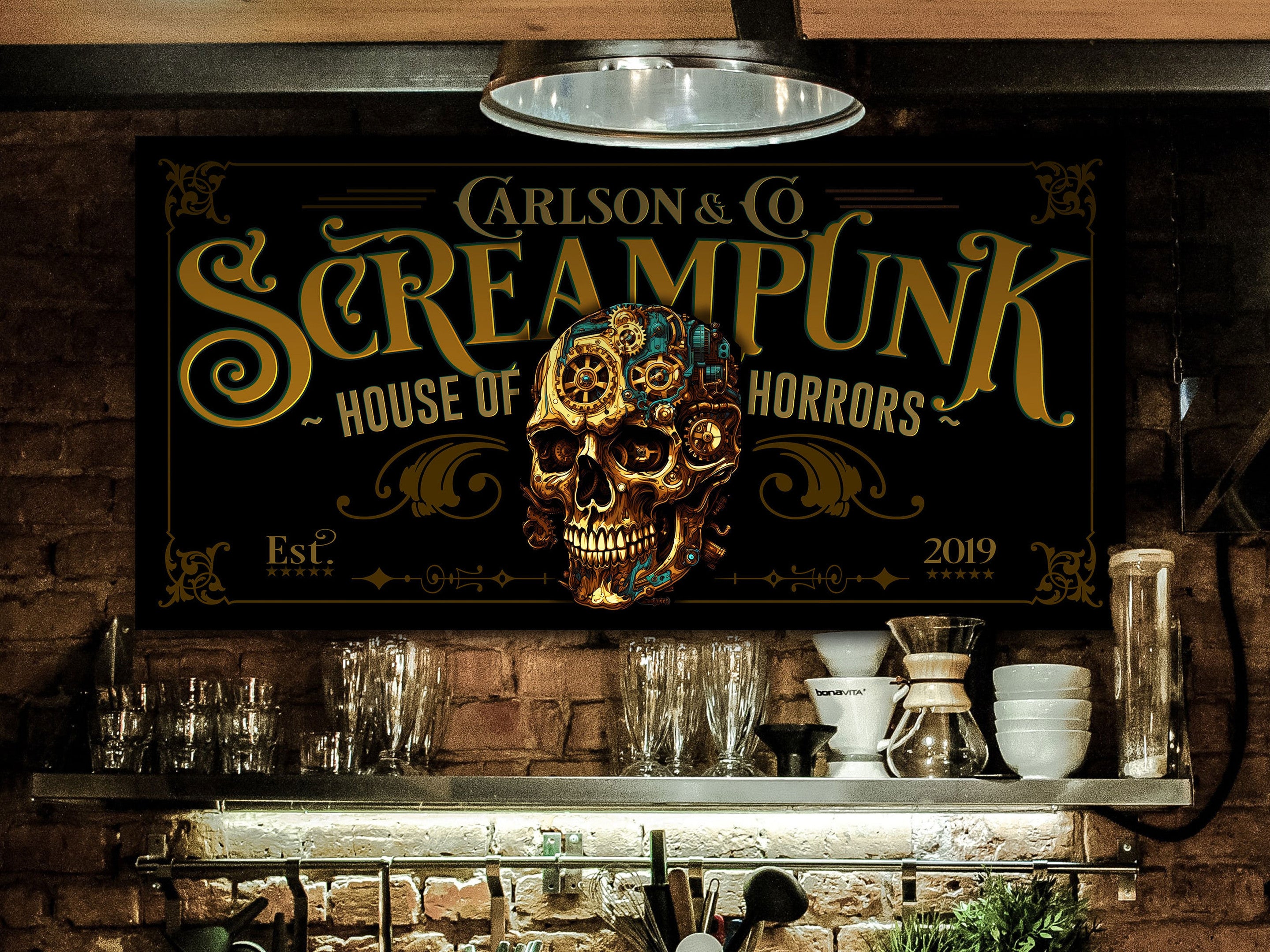 here Canvas Custom Steampunk Skull Halloween Sign | Halloween Steampunk Sign | Scary Halloween Sign | House of Horrors Sign | Personalized Skull Sign