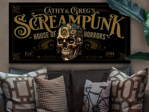 here Canvas Custom Steampunk Skull Halloween Sign | Halloween Steampunk Sign | Scary Halloween Sign | House of Horrors Sign | Personalized Skull Sign