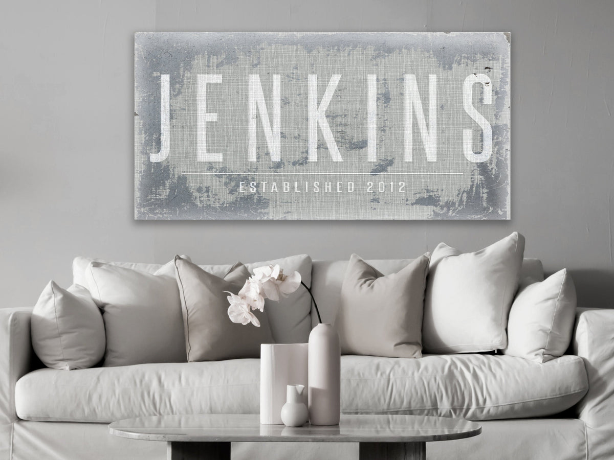 here Canvas Last Name Sign | Family Name Sign | Personalized Sign | Distressed Family Name on White Canvas