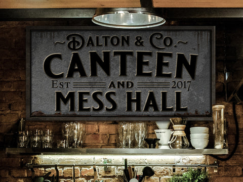 here Canvas Pewter-Styled Canteen and Mess Hall Sign | Personalized Canteen Sign | Family Kitchen Sign | Family Name Sign | Home Kitchen Sign