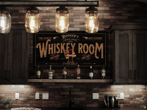 here Canvas Custom Whiskey Room Sign | Family Bar Sign | Distressed Wood Grain Whiskey Sign | Family Name Whiskey Sign | Personalized Name Bar Sign