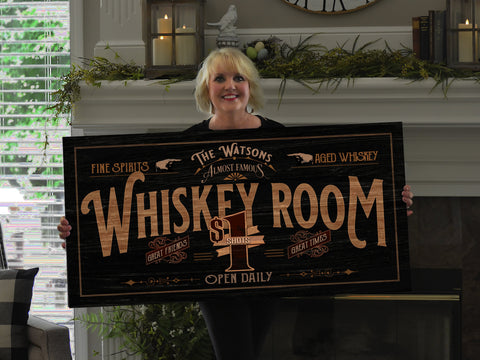 here Canvas Custom Whiskey Room Sign | Family Bar Sign | Distressed Wood Grain Whiskey Sign | Family Name Whiskey Sign | Personalized Name Bar Sign