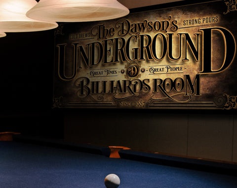 here Canvas Personalized Billiards Sign | Underground Bar Sign | Underground Basement Bar | Underground Billiards Sign | Personalized Pool Bar Sign