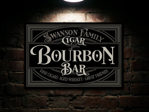 here Canvas Cigar & Bourbon Bar Sign | Cigar Bar Sign | Bourbon Bar Sign | Family Name Decor | Personalized Bar Sign | Farmhouse Sign | Large Metal Sign