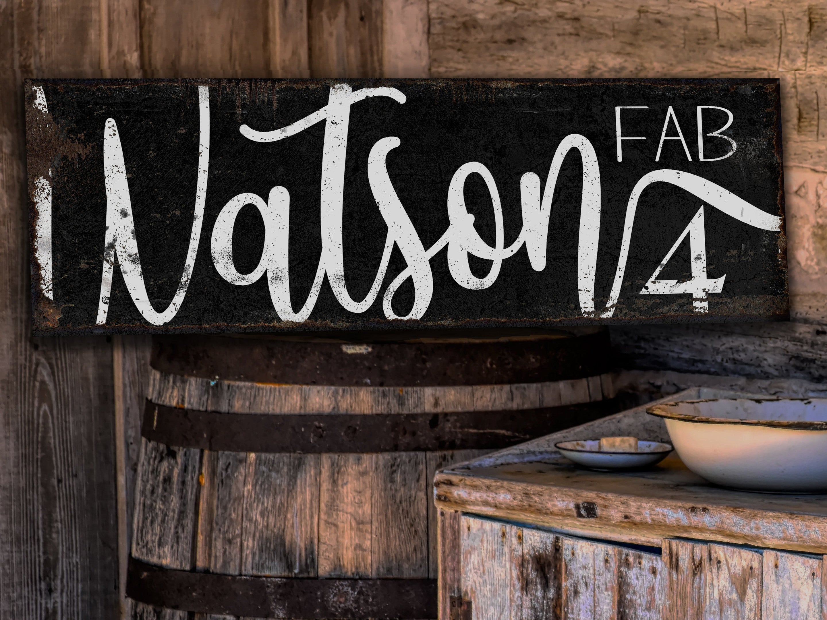 here Canvas Fab Family Name Sign #2 | Rustic Dark Version of Fab Sign | Personalized Family Sign | Large Canvas Wall Art | Large Metal Wall Art | #2391