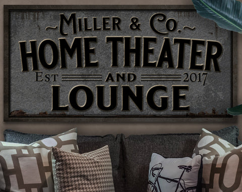 Pewter-Styled Home Theater and Lounge Sign Canvas| Personalized Theater Lounge Sign | Family Theater Sign | Family Name Sign | Home Theater Sign