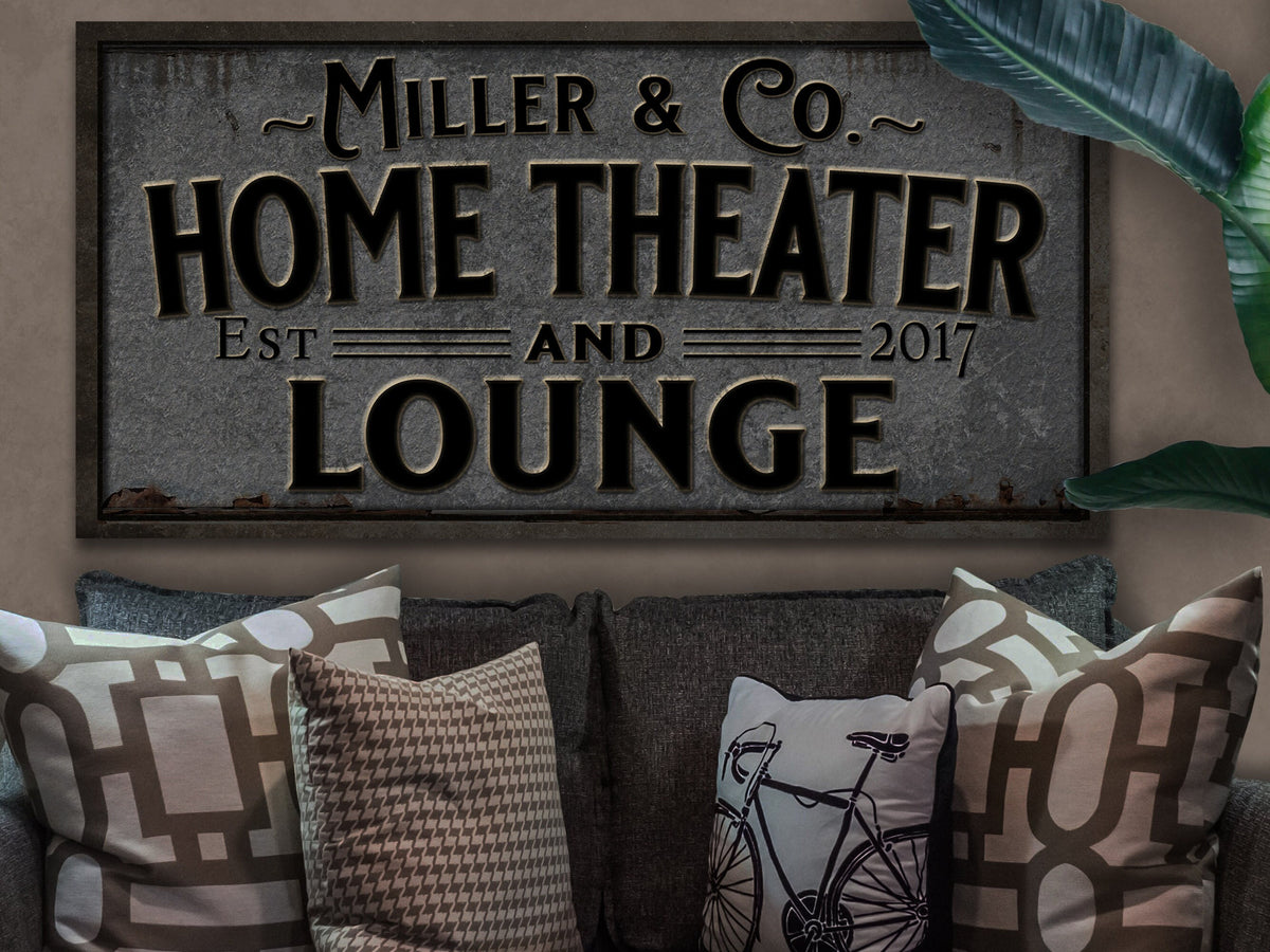 Pewter-Styled Home Theater and Lounge Sign Canvas| Personalized Theater Lounge Sign | Family Theater Sign | Family Name Sign | Home Theater Sign