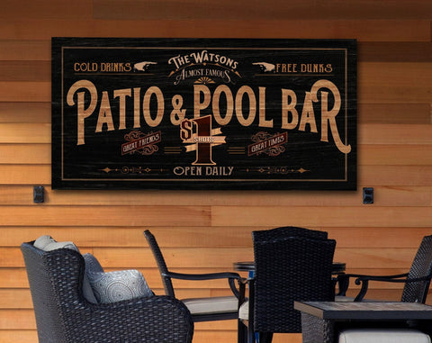 here Canvas Patio & Pool Bar Sign | Patio Sign | Distressed Wood Grain Patio Bar | Family Name Patio Pool Sign | Personalized Name Sign for the Patio