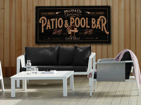 here Canvas Patio & Pool Bar Sign | Patio Sign | Distressed Wood Grain Patio Bar | Family Name Patio Pool Sign | Personalized Name Sign for the Patio