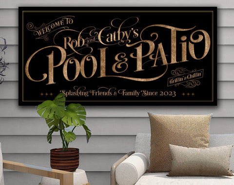 here Canvas Personalized Pool & Patio on Canvas! | Custom Family Name Sign | Modern Farmhouse Sign | Summer Patio Decor | Custom Pool Sign