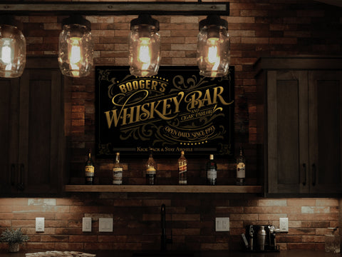 Whiskey Bar Sign Canvas | Personalized Whiskey Bar and Cigar Parlor Sign | Bourbon Bar Sign | Vintage Whiskey Bar Sign | Last Name Whiskey Bar Sign