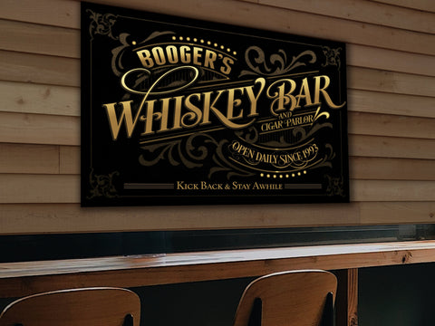 Whiskey Bar Sign Canvas | Personalized Whiskey Bar and Cigar Parlor Sign | Bourbon Bar Sign | Vintage Whiskey Bar Sign | Last Name Whiskey Bar Sign