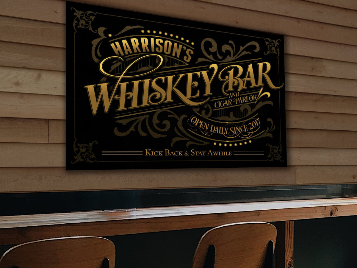 Whiskey Bar Sign Canvas | Personalized Whiskey Bar and Cigar Parlor Sign | Bourbon Bar Sign | Vintage Whiskey Bar Sign | Last Name Whiskey Bar Sign