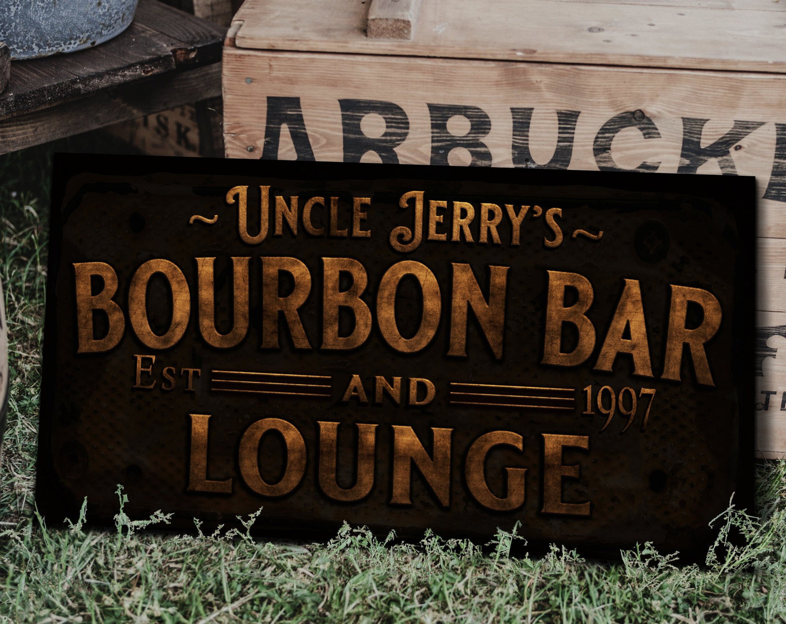 here Canvas Primitive Farmhouse Bourbon Bar Sign | Personalized Bourbon Sign | Bourbon Lounge Sign | Family Name Bar Sign | Family Bar Sign