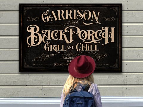 here Canvas Personalized Back Porch Sign | Back Porch Grill and Chill Sign | Backyard Bar Sign | Back Porch Bar Sign | Backyard Grill Sign