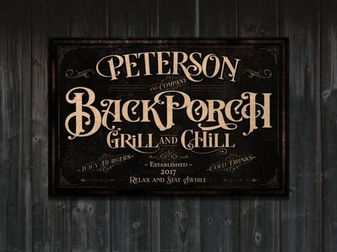 here Canvas Personalized Back Porch Sign | Back Porch Grill and Chill Sign | Backyard Bar Sign | Back Porch Bar Sign | Backyard Grill Sign