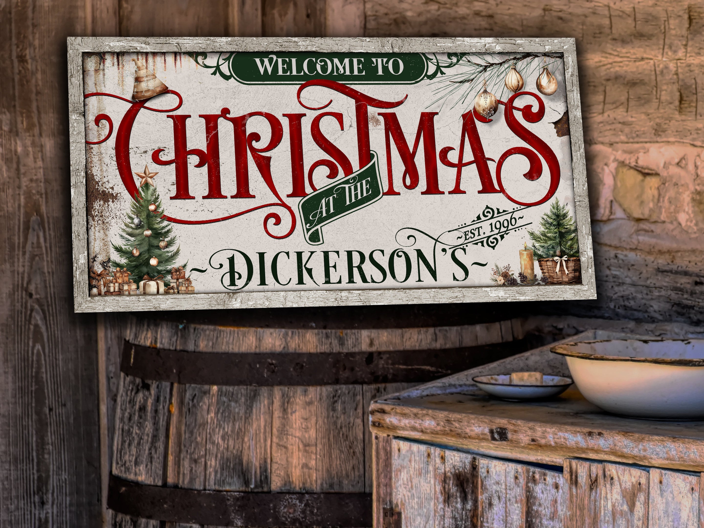 here Canvas Family Christmas Sign | Personalized Welcome Christmas Decor Sign | Rustic Christmas Sign | Farmhouse Christmas | Large Canvas | Large Metal