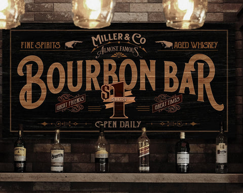 Bourbon Bar Sign Canvas | Distressed Wood Grain Bourbon Bar | Family Name Bourbon Bar Sign | Personalized Name Sign for Bar Decor