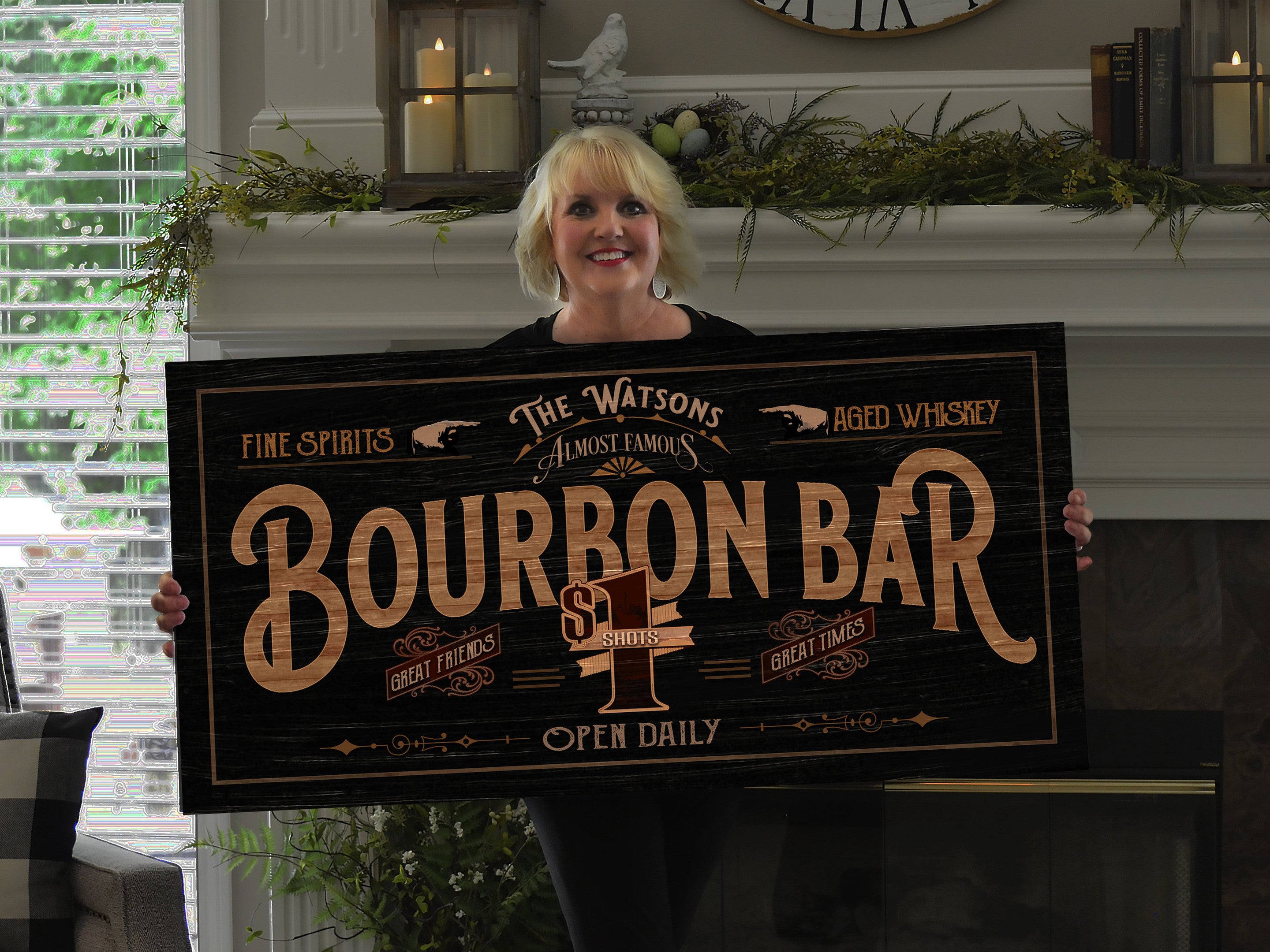 Bourbon Bar Sign Canvas | Distressed Wood Grain Bourbon Bar | Family Name Bourbon Bar Sign | Personalized Name Sign for Bar Decor