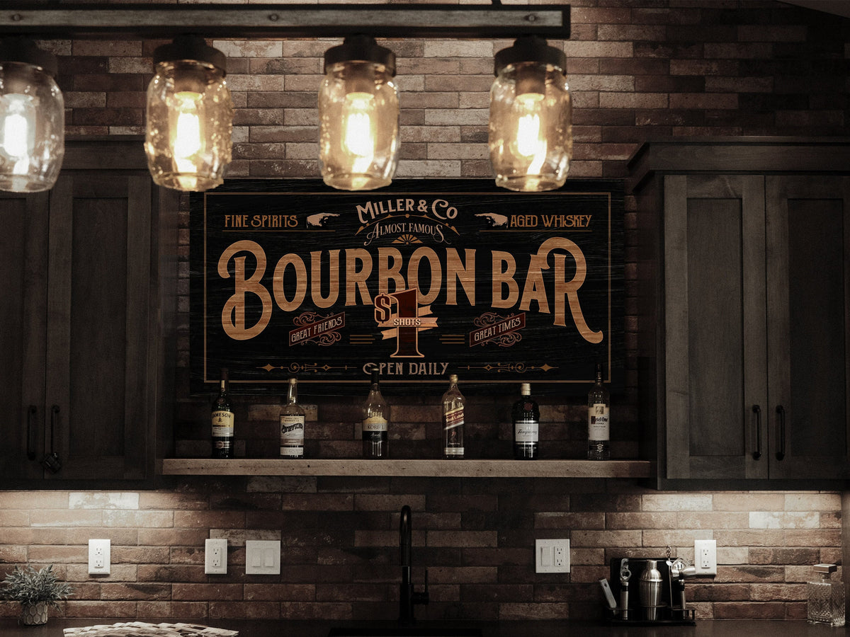 Bourbon Bar Sign Canvas | Distressed Wood Grain Bourbon Bar | Family Name Bourbon Bar Sign | Personalized Name Sign for Bar Decor