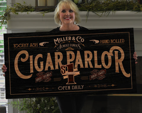 here Canvas Cigar Parlor Sign | Cigar Bar Sign | Distressed Wood Grain Cigar Bar | Family Name Cigar Parlor Sign | Personalized Name Sign for Bar Decor