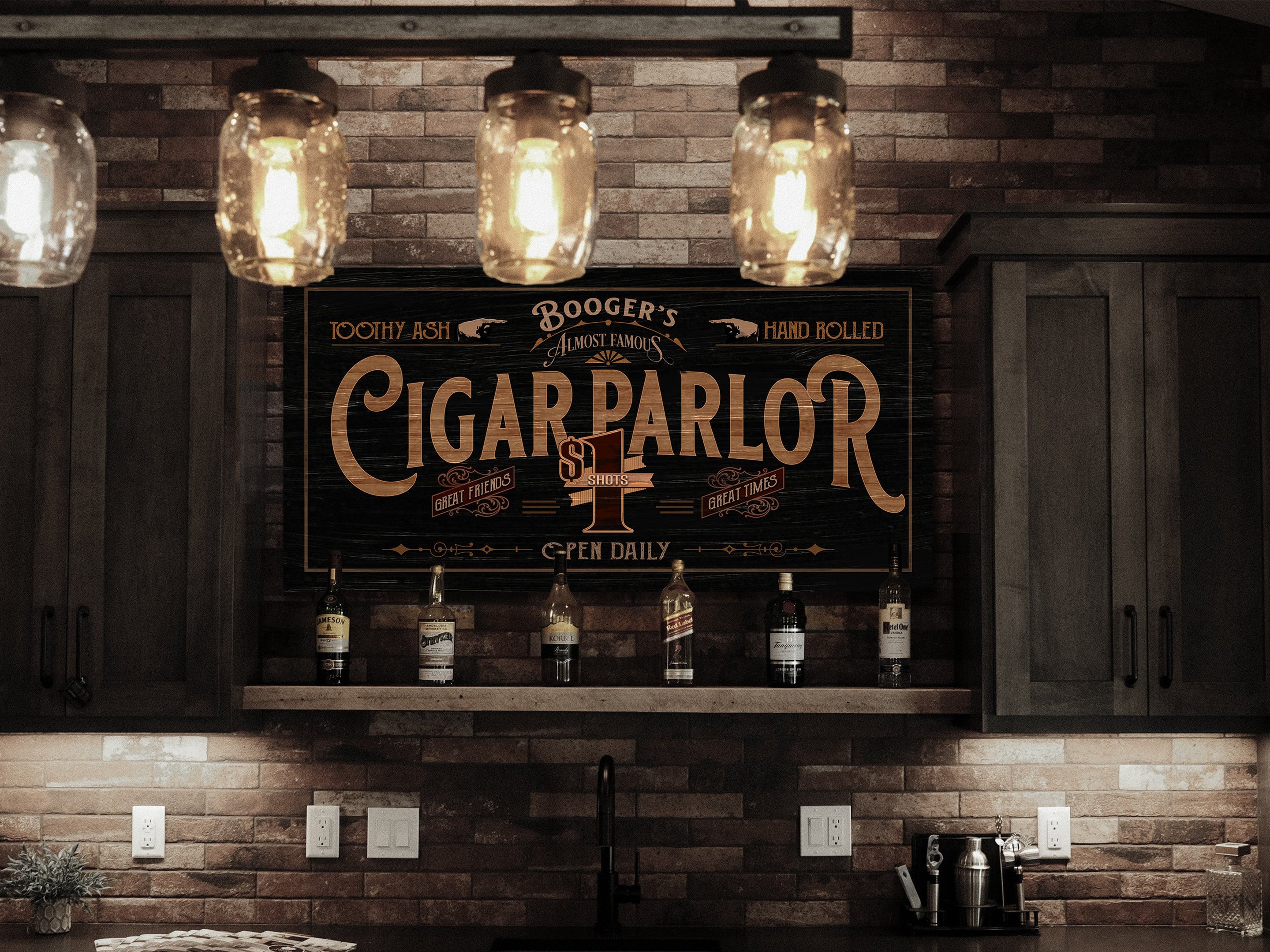 here Canvas Cigar Parlor Sign | Cigar Bar Sign | Distressed Wood Grain Cigar Bar | Family Name Cigar Parlor Sign | Personalized Name Sign for Bar Decor