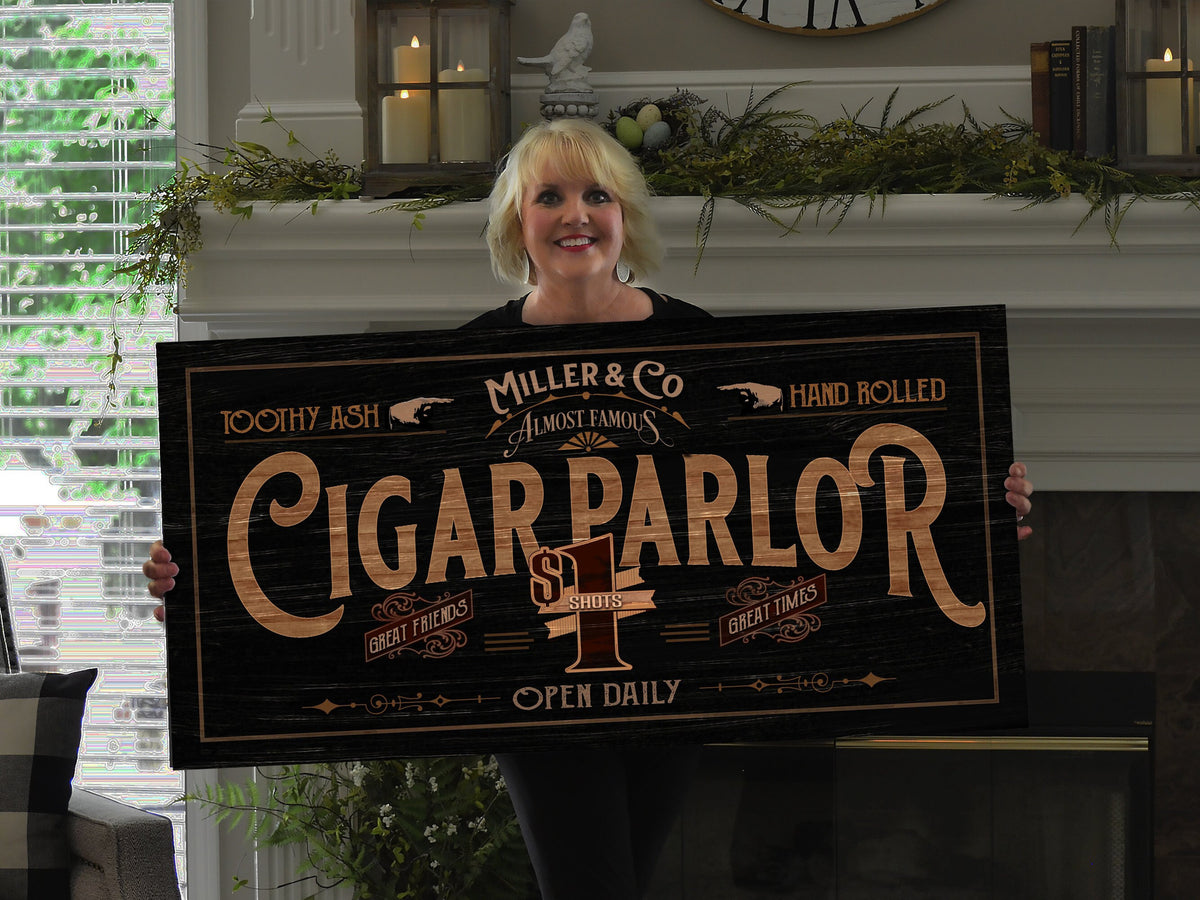 here Canvas Cigar Parlor Sign | Cigar Bar Sign | Distressed Wood Grain Cigar Bar | Family Name Cigar Parlor Sign | Personalized Name Sign for Bar Decor