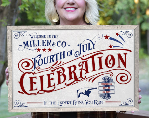 here Canvas 4th of July Fireworks Celebration | Personalized Modern Farmhouse Wall Decor | Personalized with Last Name | Fourth of July Family Name Sign