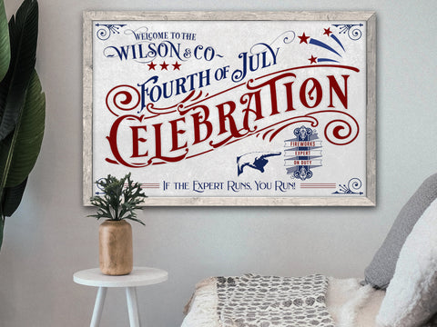 here Canvas 4th of July Fireworks Celebration | Personalized Modern Farmhouse Wall Decor | Personalized with Last Name | Fourth of July Family Name Sign