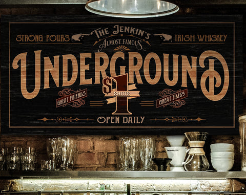 here Canvas Underground Bar Sign | Family Bar Sign | Distressed Wood Grain Underground Bar | Family Name Bar Sign | Personalized Name Bar Sign