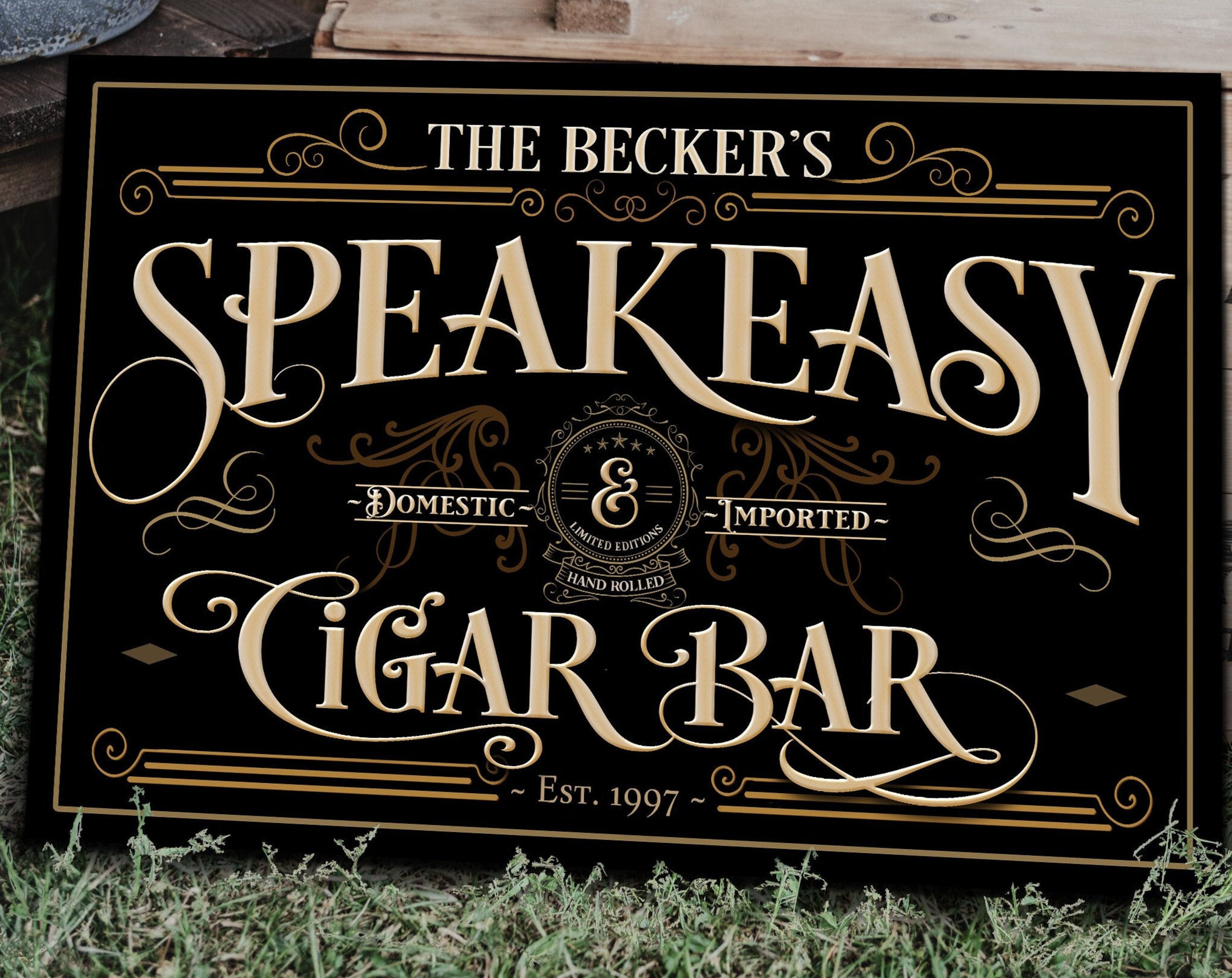 here Canvas Personalized Speakeasy Cigar Bar Sign | Custom Name Speakeasy Sign | Family Speakeasy Sign | Modern Farmhouse Decor | Large Metal Sign