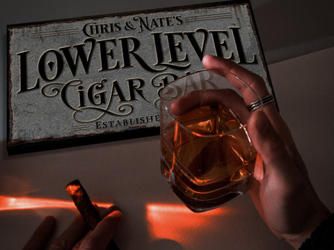 here Canvas Lower Level Cigar Bar Sign | Personalized Cigar Bar Sign | Lower Level Sign | Man Cave Decor | Customized Cigar Bar Sign for Basement