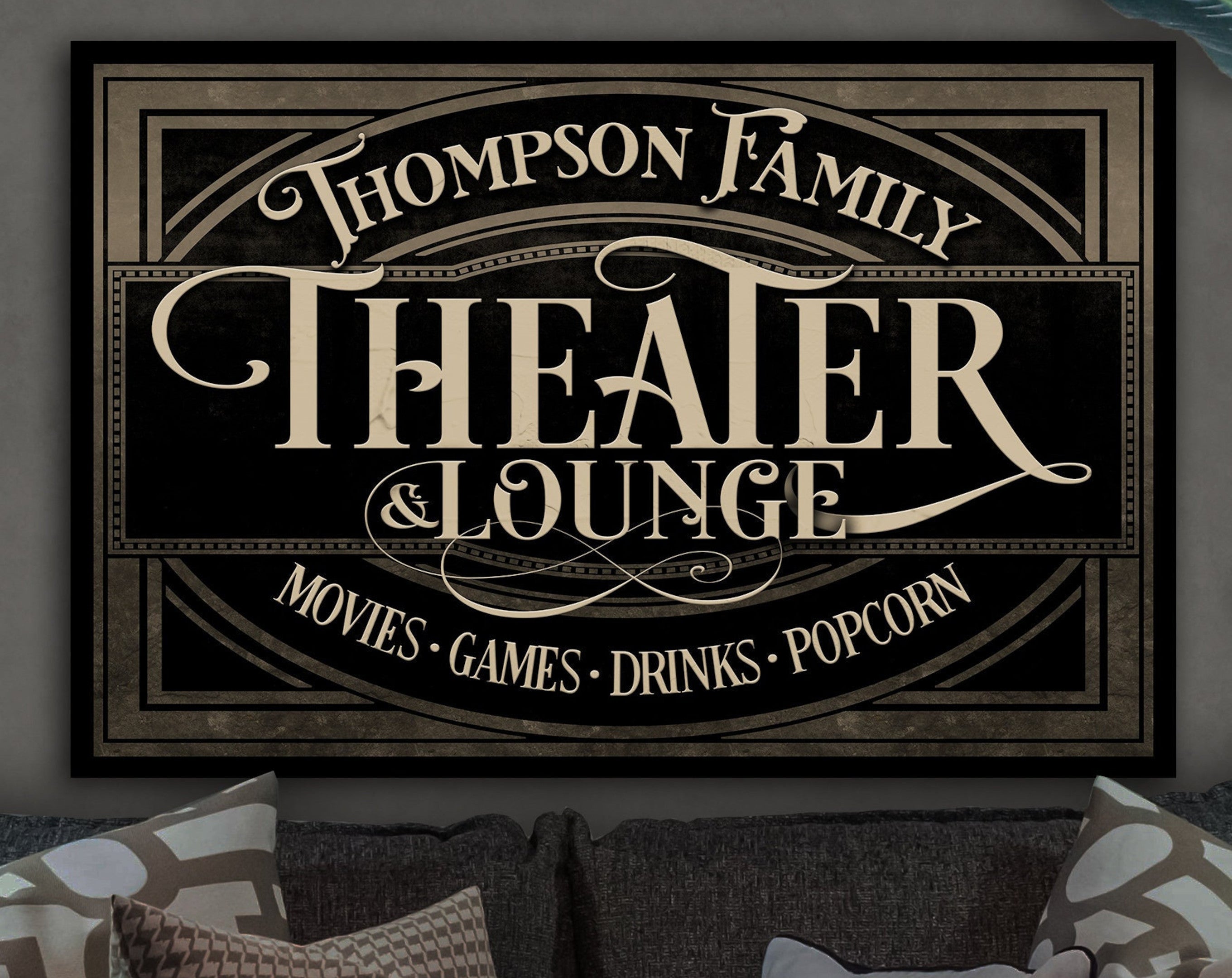 here Canvas Personalized Home Theater Lounge | Theater and Lounge Sign | Family Theater Decor | Game Room Sign | Modern Farmhouse | Large Metal Sign